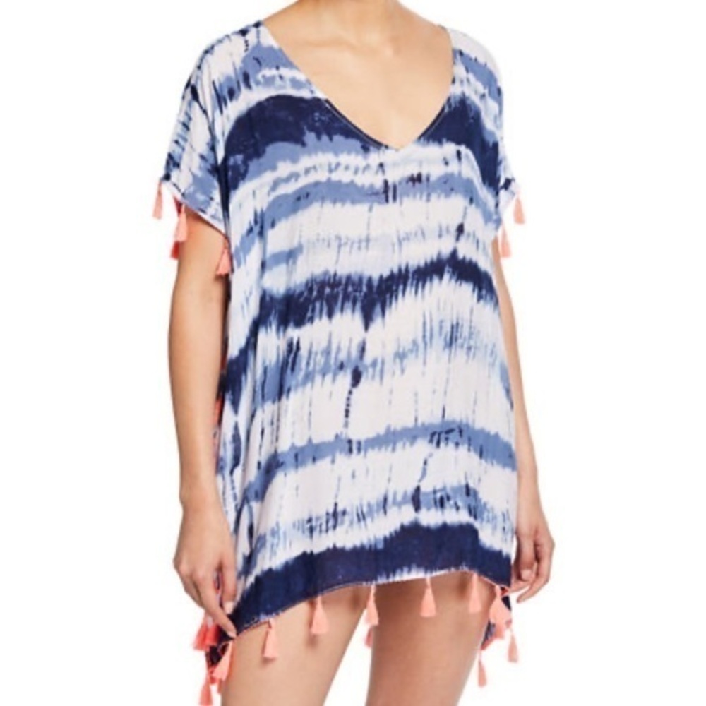 Tie-Dye Beach Coverup with Pom Pom Trim